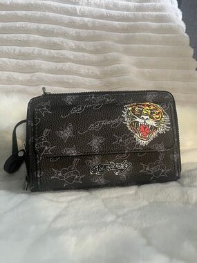 NWOT | Ed Hardy Black Crossbody Wrist Bag with Iconic Tiger and Butterfly Print